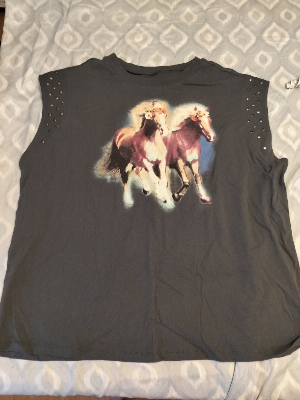 Sleeveless Horse Graphic Tee - Charcoal with Studded Shoulders